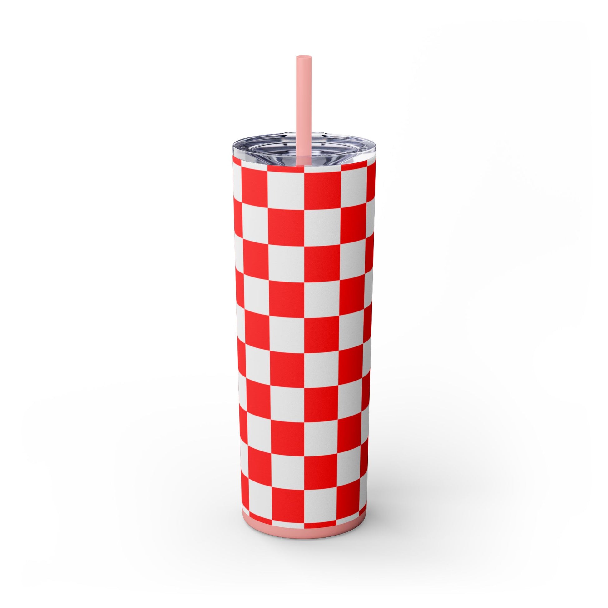 Checkerboard Red and White Skinny Tumbler with Straw, 20oz, Artsulli - Art is Long, Life is Short, Mug, , , , , , , 