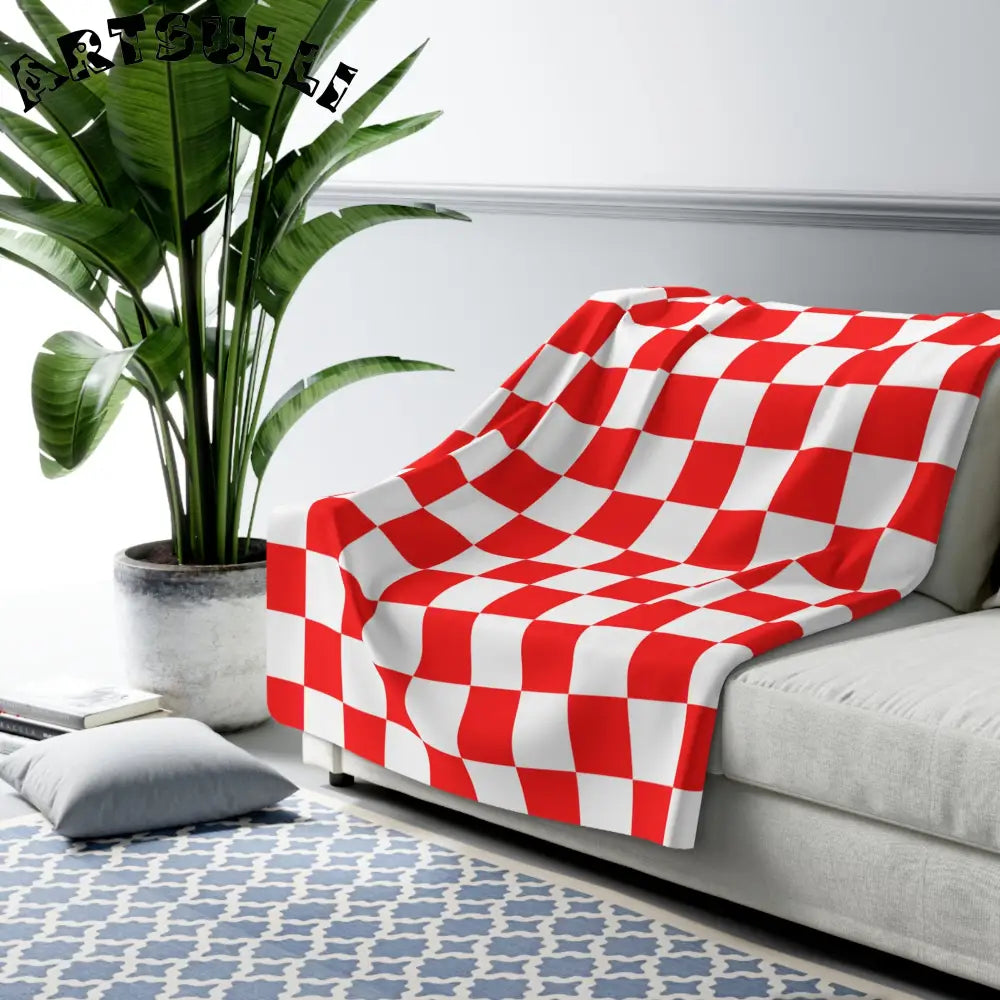 JAKKOUTTHEBXX Checkerboard Red and White Sherpa Fleece Blanket