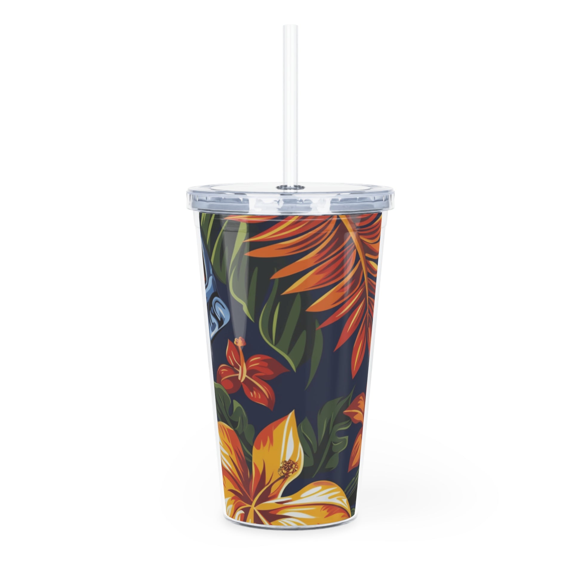 Tiki Bloom Navy Plastic Tumbler with Straw, Artsulli - Art is Long, Life is Short, Mug, , , , , , , 