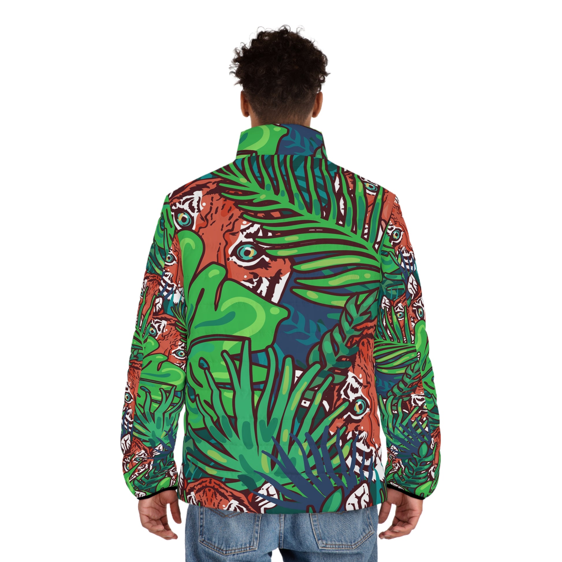 Tropical Jungle Tigers Blue and Green Men's Puffer Jacket (AOP), Artsulli - Art is Long, Life is Short, All Over Prints, , , , , , , 