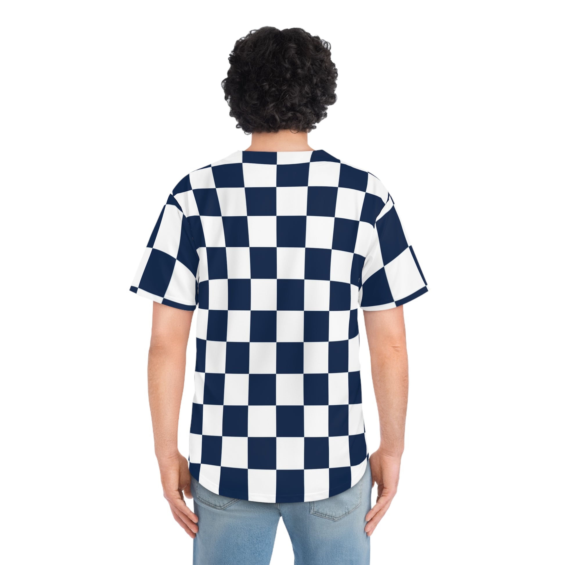 Checkerboard White and Navy Blue Men's Baseball Jersey (AOP), Artsulli - Art is Long, Life is Short, All Over Prints, , , , , , , 