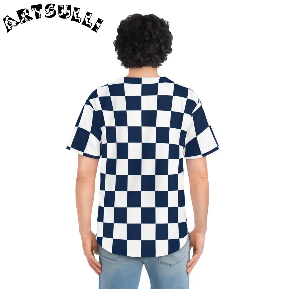 JAKKOUTTHEBXX Checkerboard White and Navy Blue Men’s Baseball Jersey