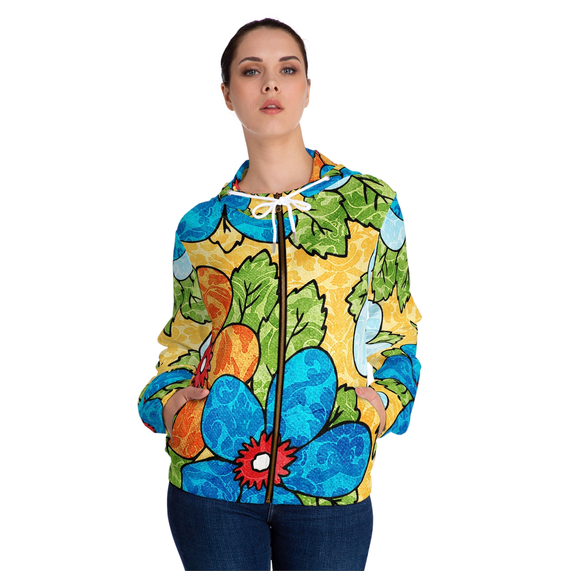 Groovy Yellow Floral Kl Women’s Full-Zip Hoodie (AOP), Artsulli - Art is Long, Life is Short, All Over Prints, , , , , , , 