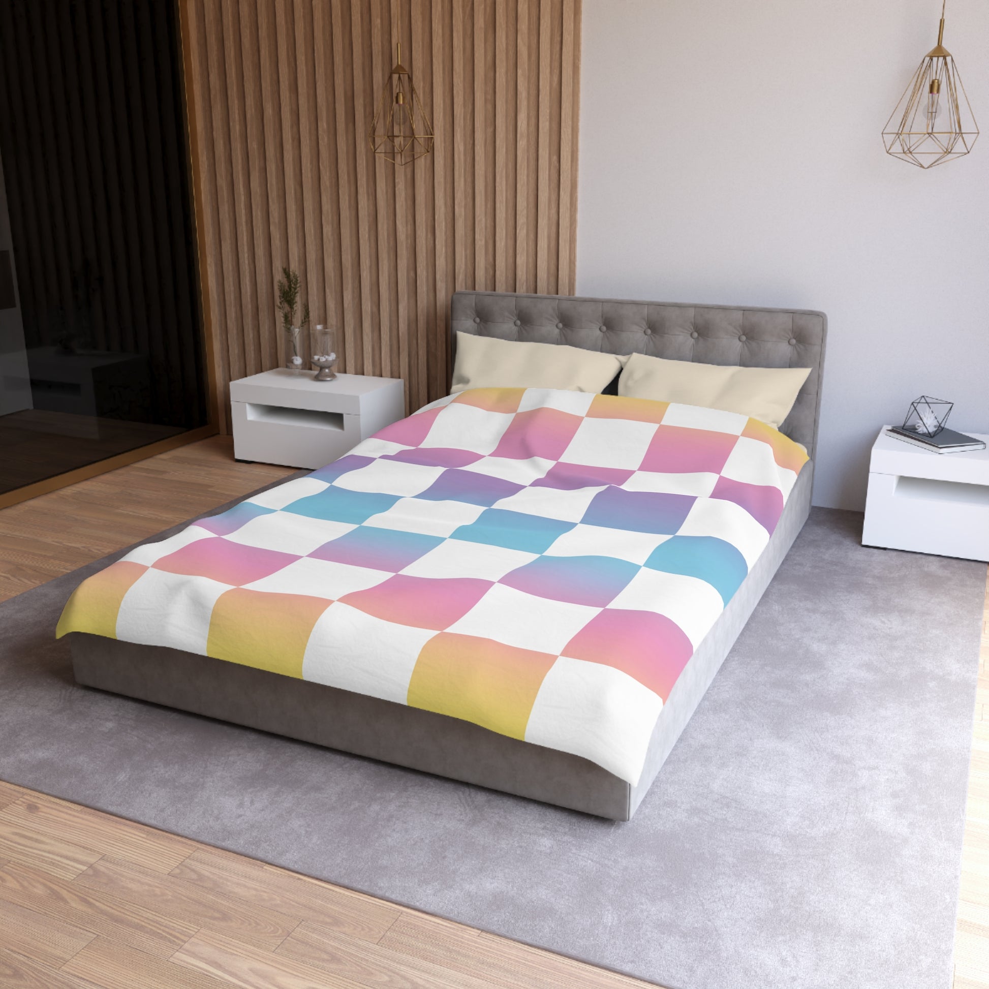 Vaporwave Check Microfiber Duvet Cover, Artsulli - Art is Long, Life is Short, Home Decor, , , , , , , 