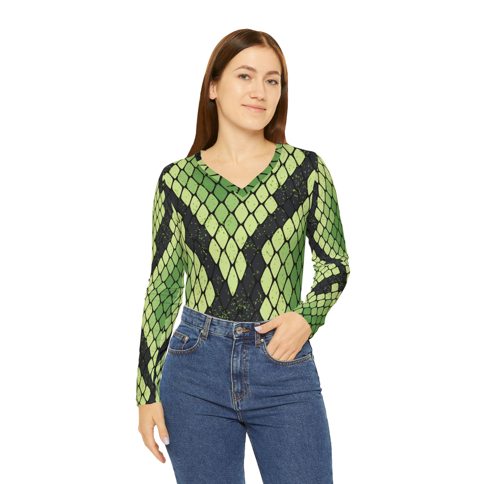 Snake Skin Green and Black Women's Long Sleeve V-neck Shirt (AOP), Artsulli - Art is Long, Life is Short, All Over Prints, , , , , , , 