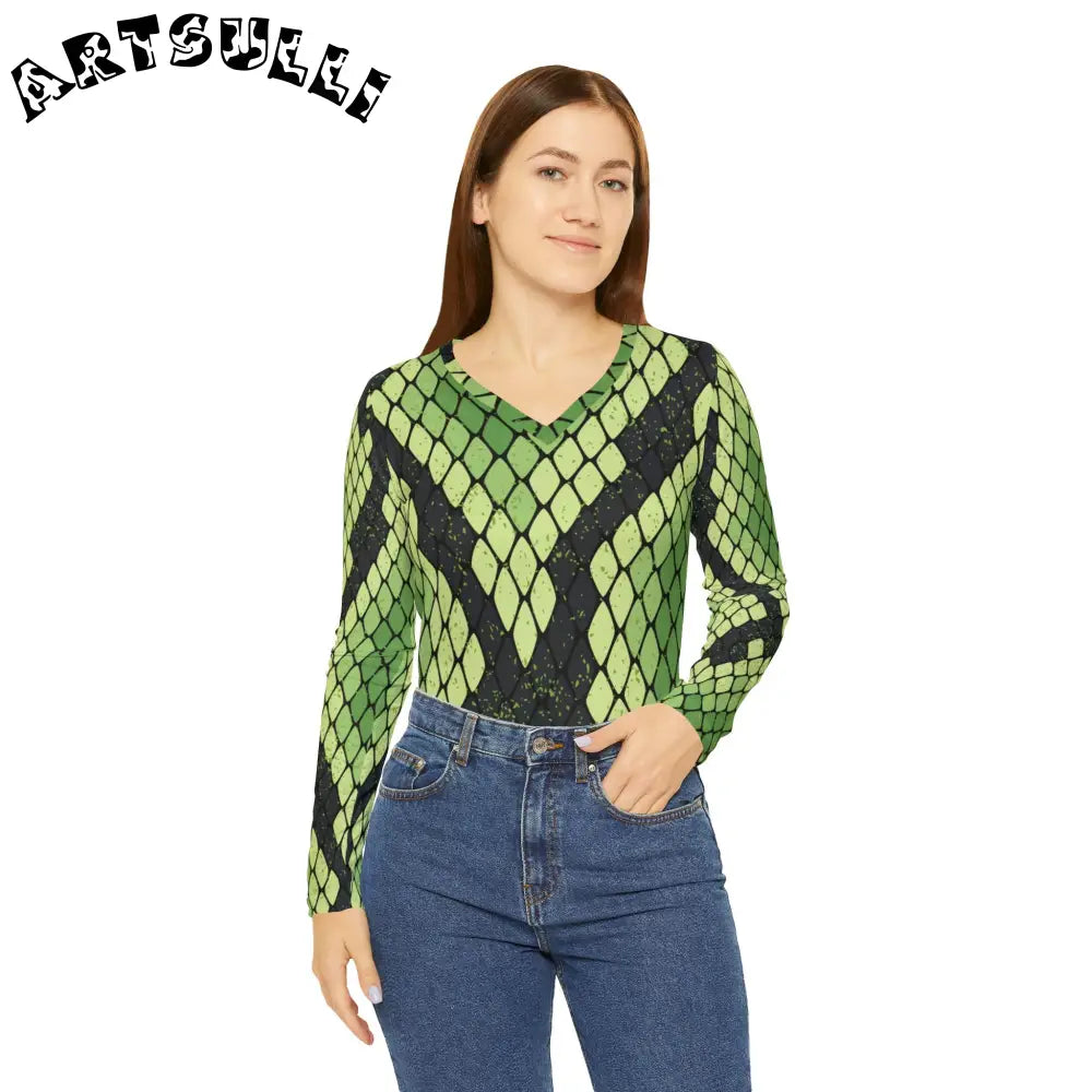 JAKKOUTTHEBXX Snake Skin Green and Black Women’s Long Sleeve V-neck