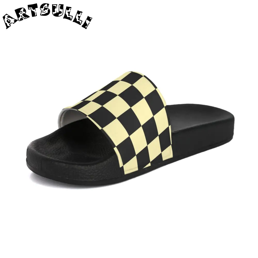 JAKKOUTTHEBXX Checkerboard Black and Yellow Men’s Slide Sandals