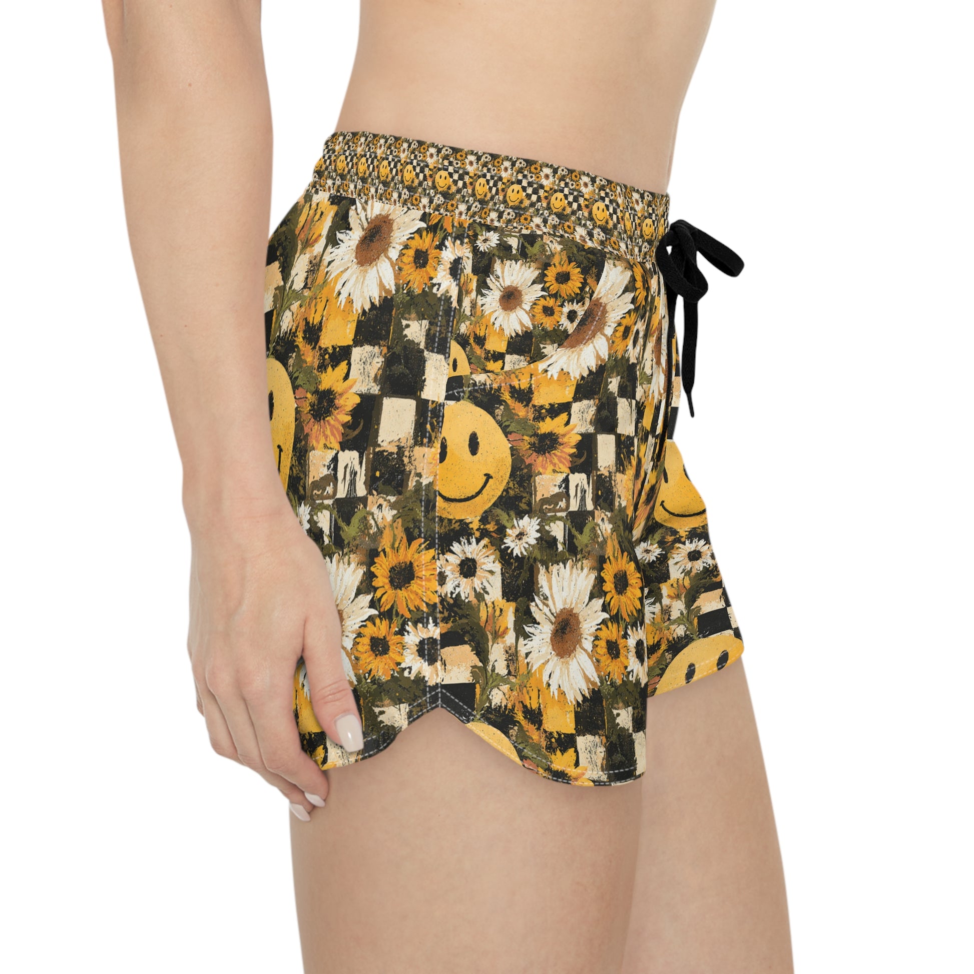 Smiley Face x Checkerboard x Sunflowers x Trippy x Vintage Black and Yellow Women's Casual Shorts (AOP), Artsulli - Art is Long, Life is Short, All Over Prints, , , , , , , 
