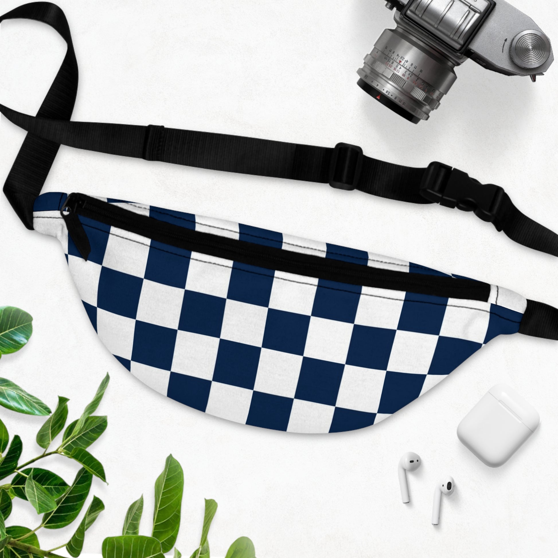 Checkerboard White and Navy Blue Fanny Pack, Artsulli - Art is Long, Life is Short, Bags, , , , , , , 
