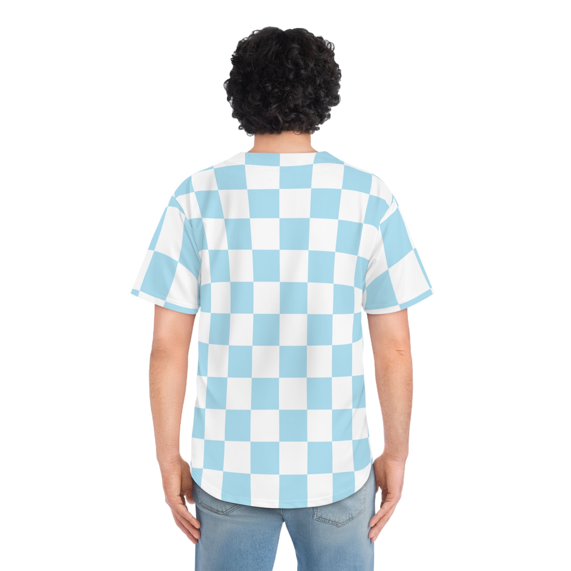 Checkerboard Sky Blue Men's Baseball Jersey (AOP), Artsulli - Art is Long, Life is Short, All Over Prints, , , , , , , 