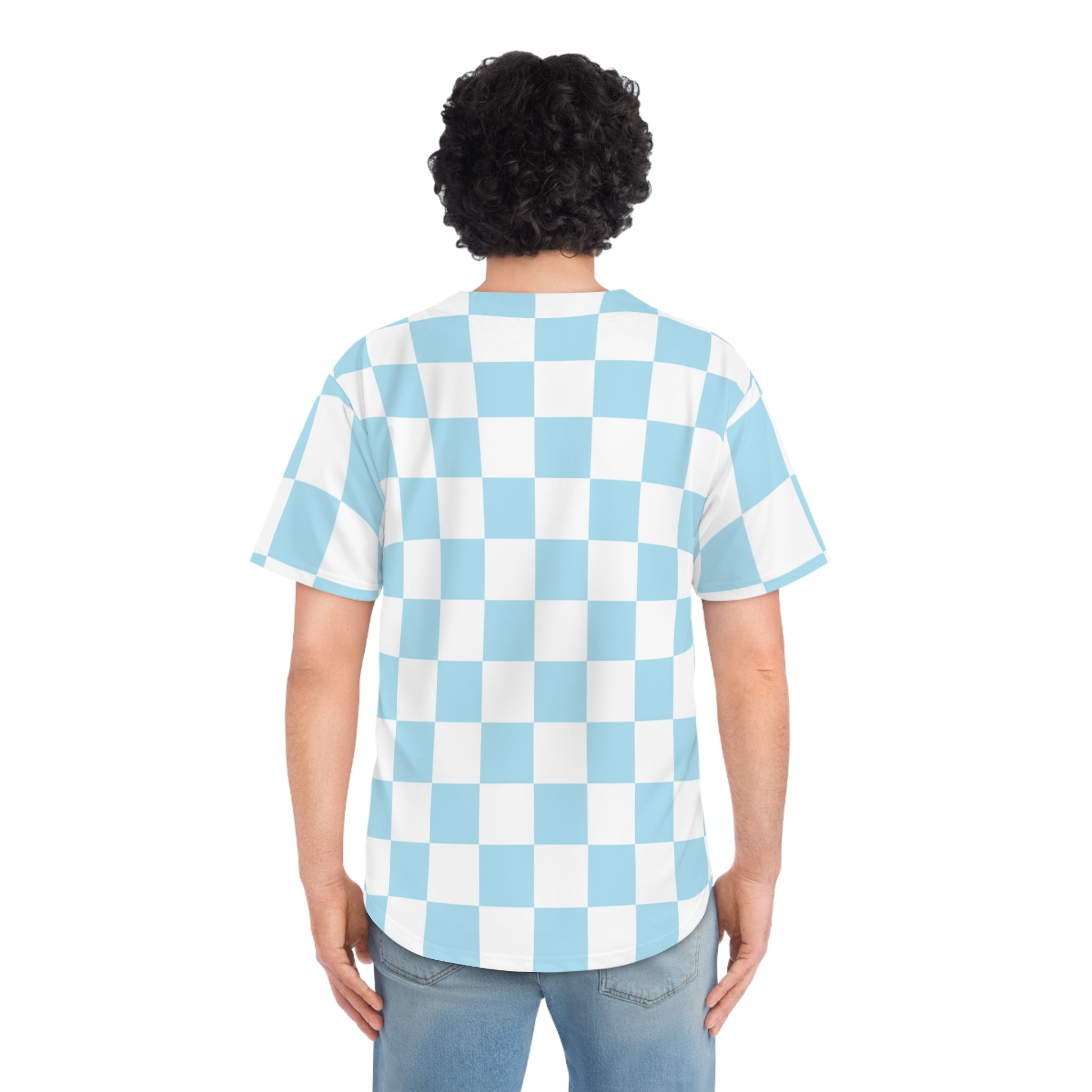 Checkerboard Sky Blue Men's Baseball Jersey (AOP), Artsulli - Art is Long, Life is Short, All Over Prints, , , , , , , 
