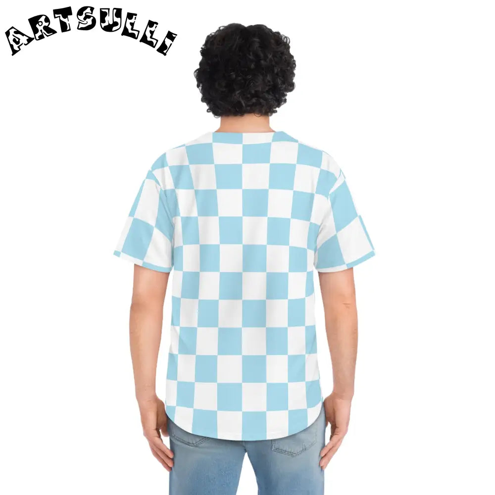 JAKKOUTTHEBXX Checkerboard Sky Blue Men’s Baseball Jersey (AOP)