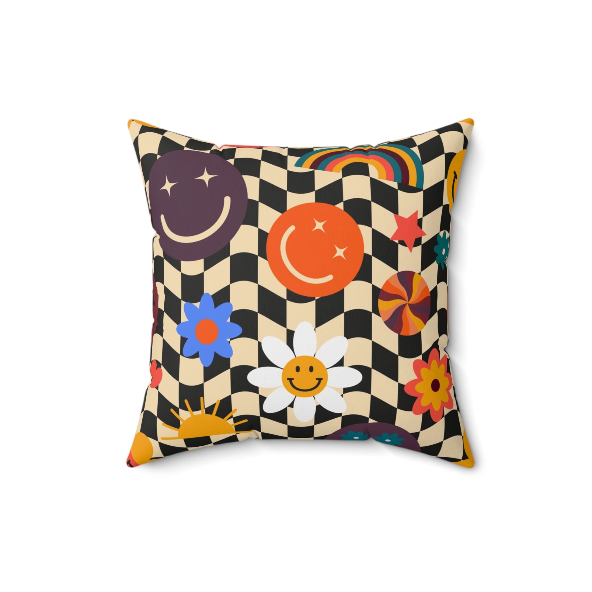 Trippy x Wavy Checkerboard x Smiley Face x Rainbow x Flowers Multi-Color Spun Polyester Square Pillow, Artsulli - Art is Long, Life is Short, Home Decor, Size, 16" × 16", , , , , 24084539257408525839