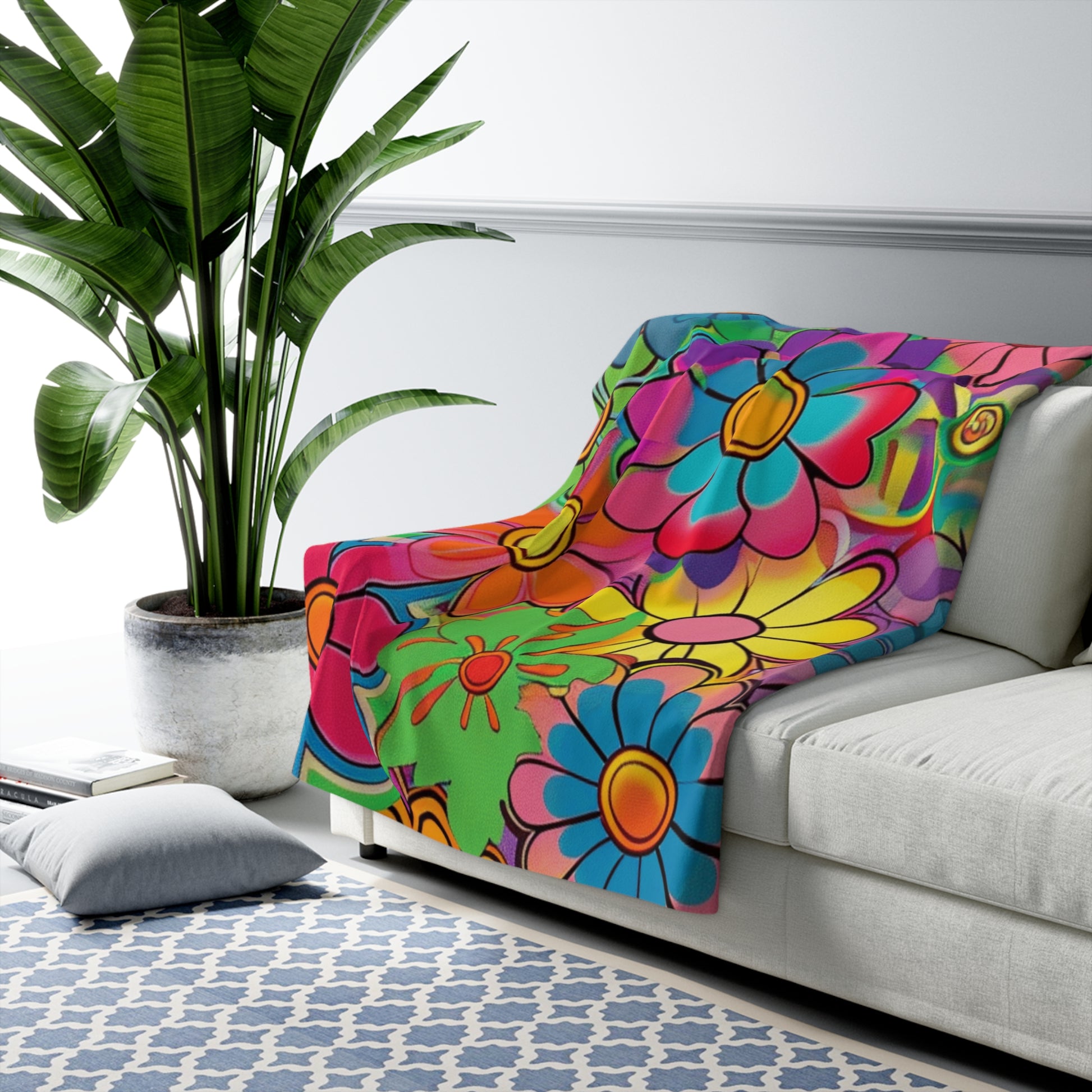 Chromatic Daisy Dream Sherpa Fleece Blanket, Artsulli - Art is Long, Life is Short, Home Decor, , , , , , , 