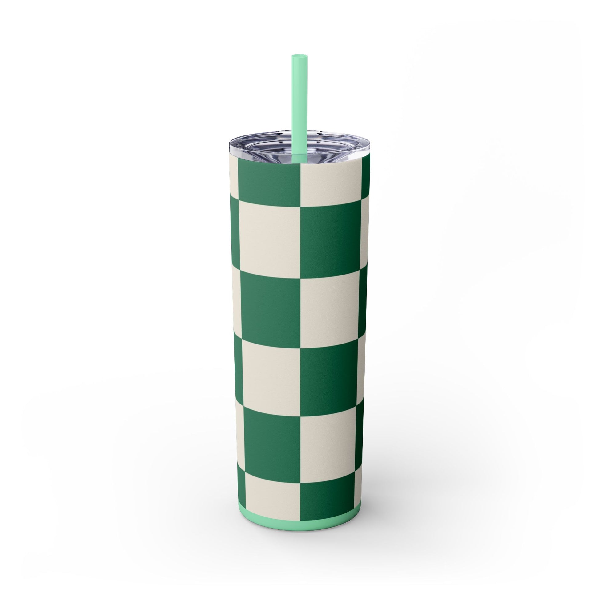 Checkerboard Dark Green Skinny Tumbler with Straw, 20oz, Artsulli - Art is Long, Life is Short, Mug, Finish, Glossy, Color, Mint, Size, 20oz, 20630933567017826085