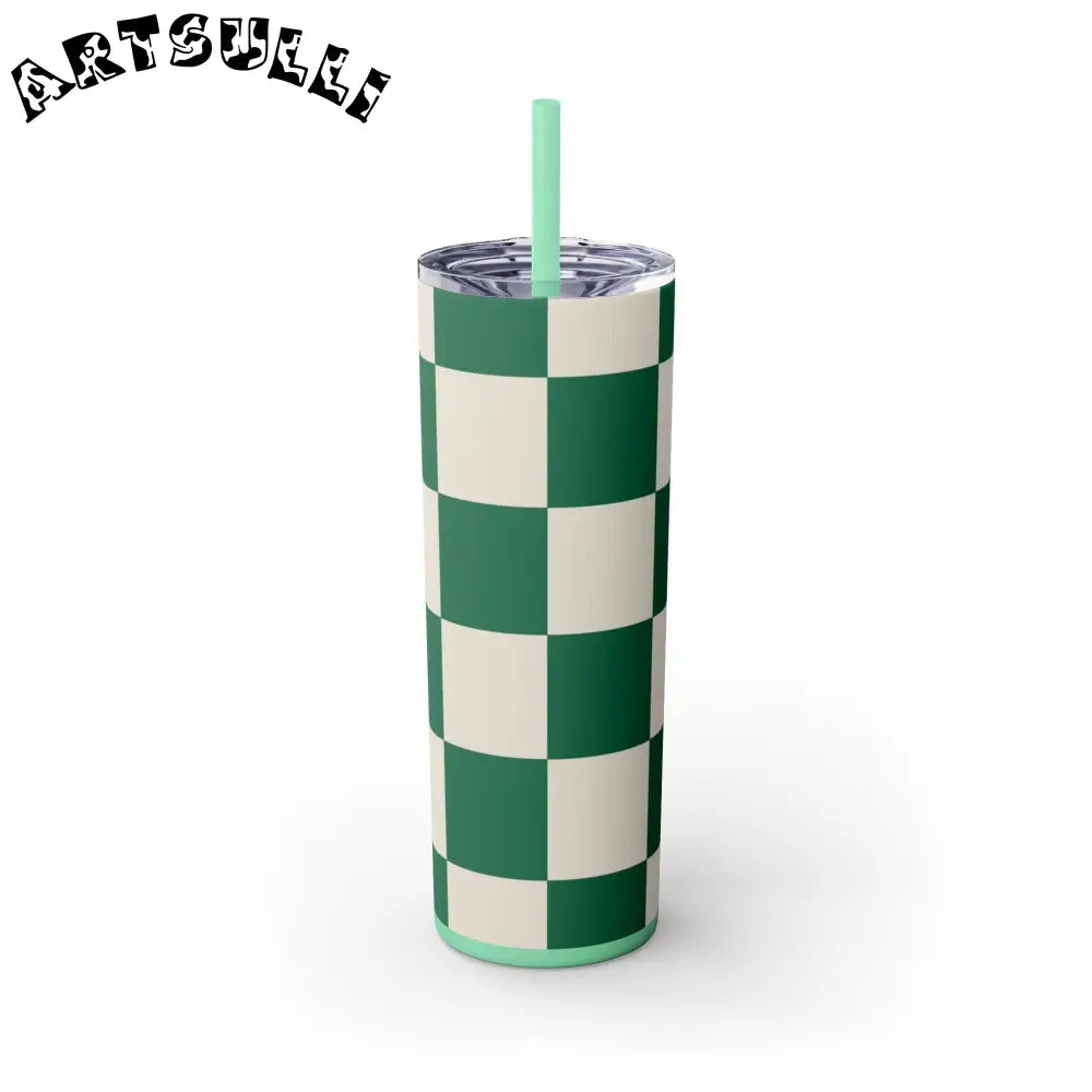 JAKKOUTTHEBXX Checkerboard Dark Green Skinny Tumbler with Straw 20oz
