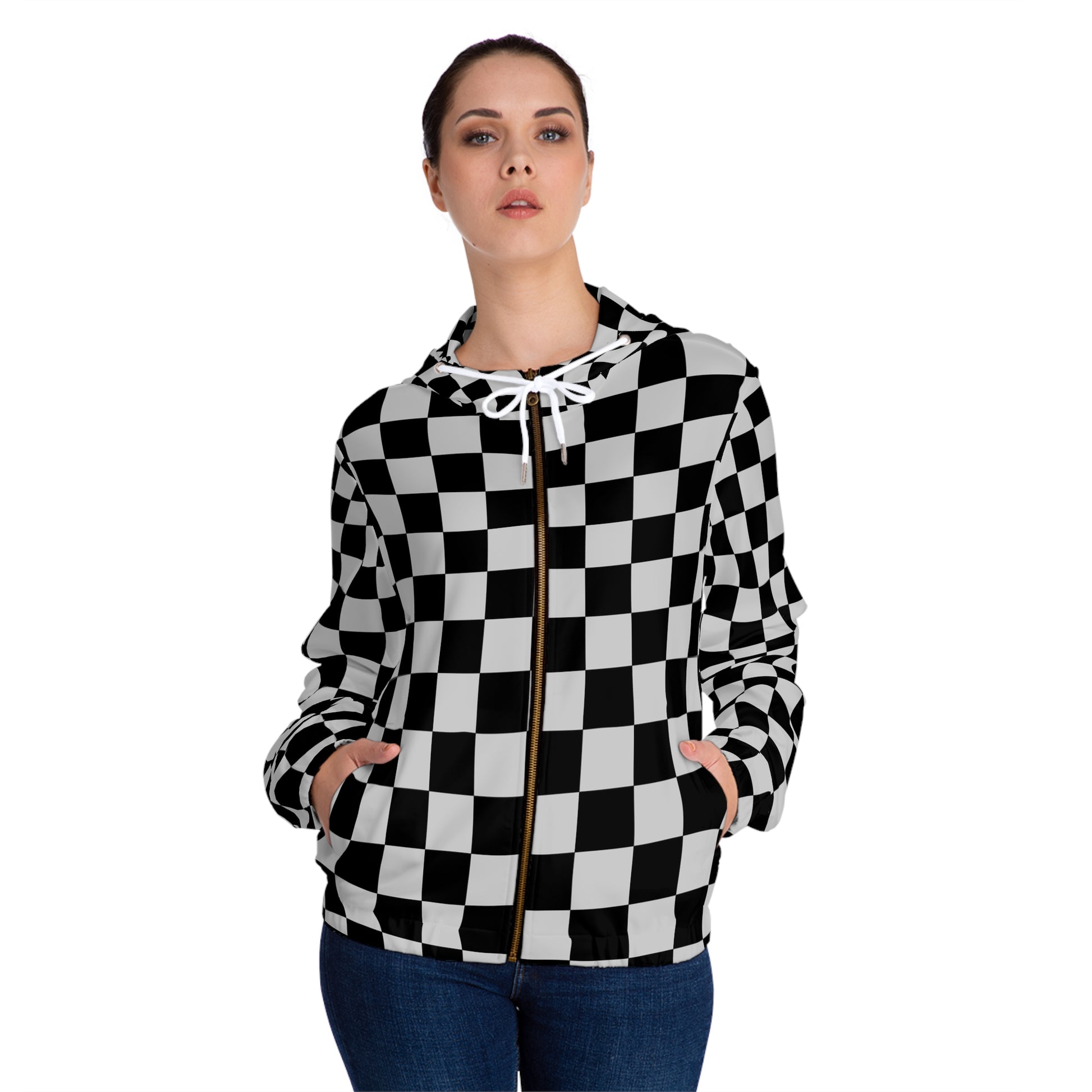 Checkerboard Dada Black and Light Gray Women’s Full-Zip Hoodie (AOP), Artsulli - Art is Long, Life is Short, All Over Prints, , , , , , , 