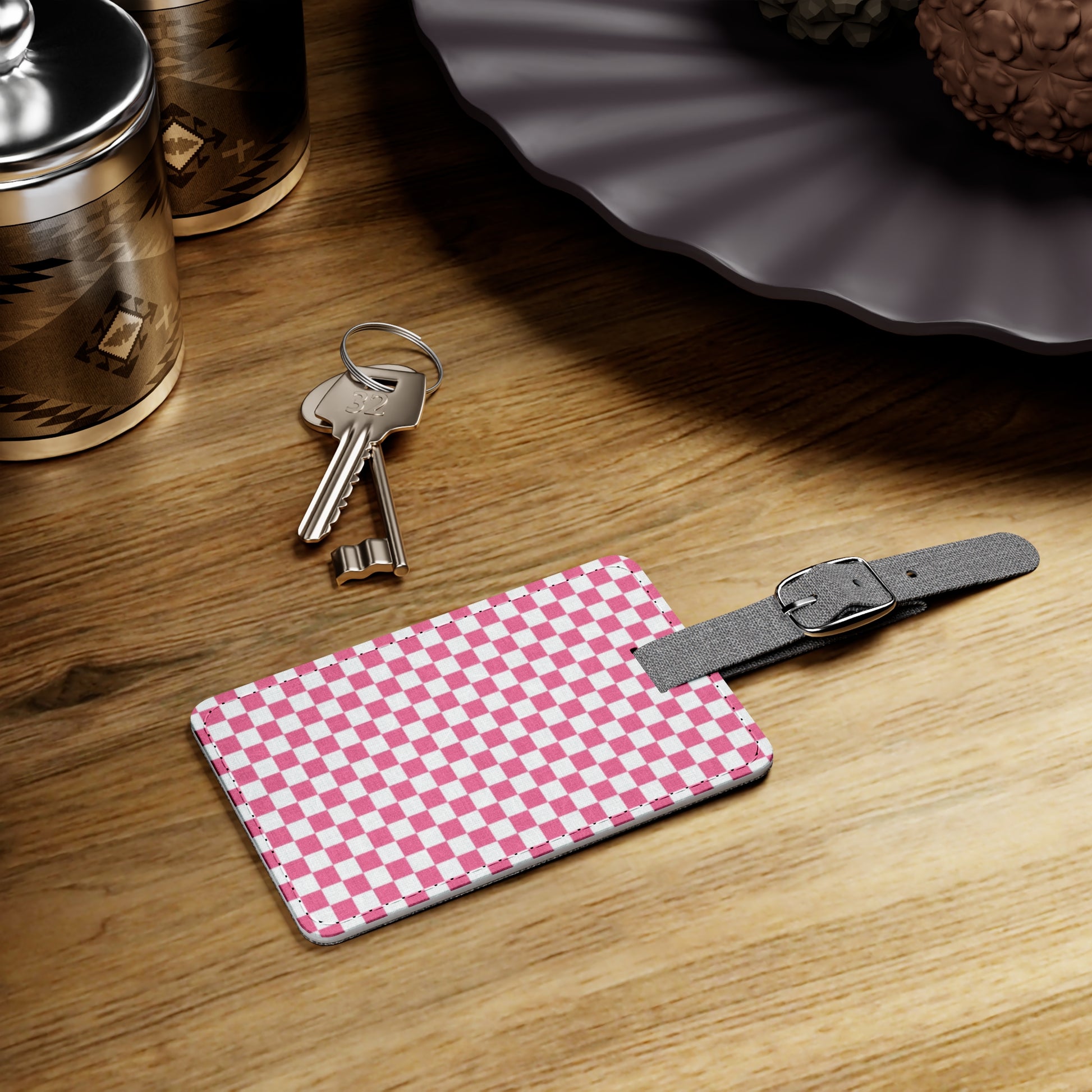 Yuyushiki Pink Check Saffiano Polyester Luggage Tag, Rectangle, Artsulli - Art is Long, Life is Short, Accessories, , , , , , , 