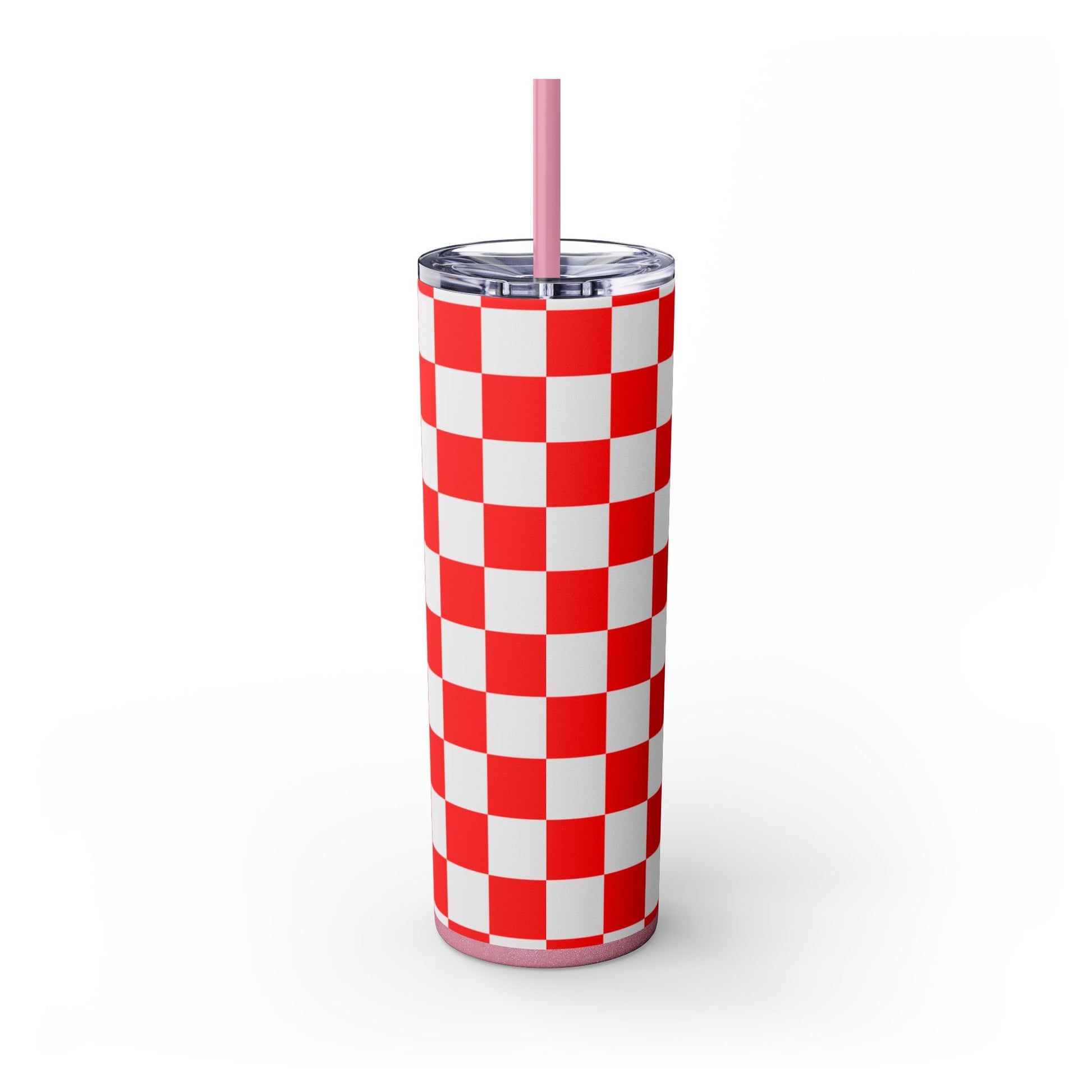 Checkerboard Red and White Skinny Tumbler with Straw, 20oz, Artsulli - Art is Long, Life is Short, Mug, , , , , , , 