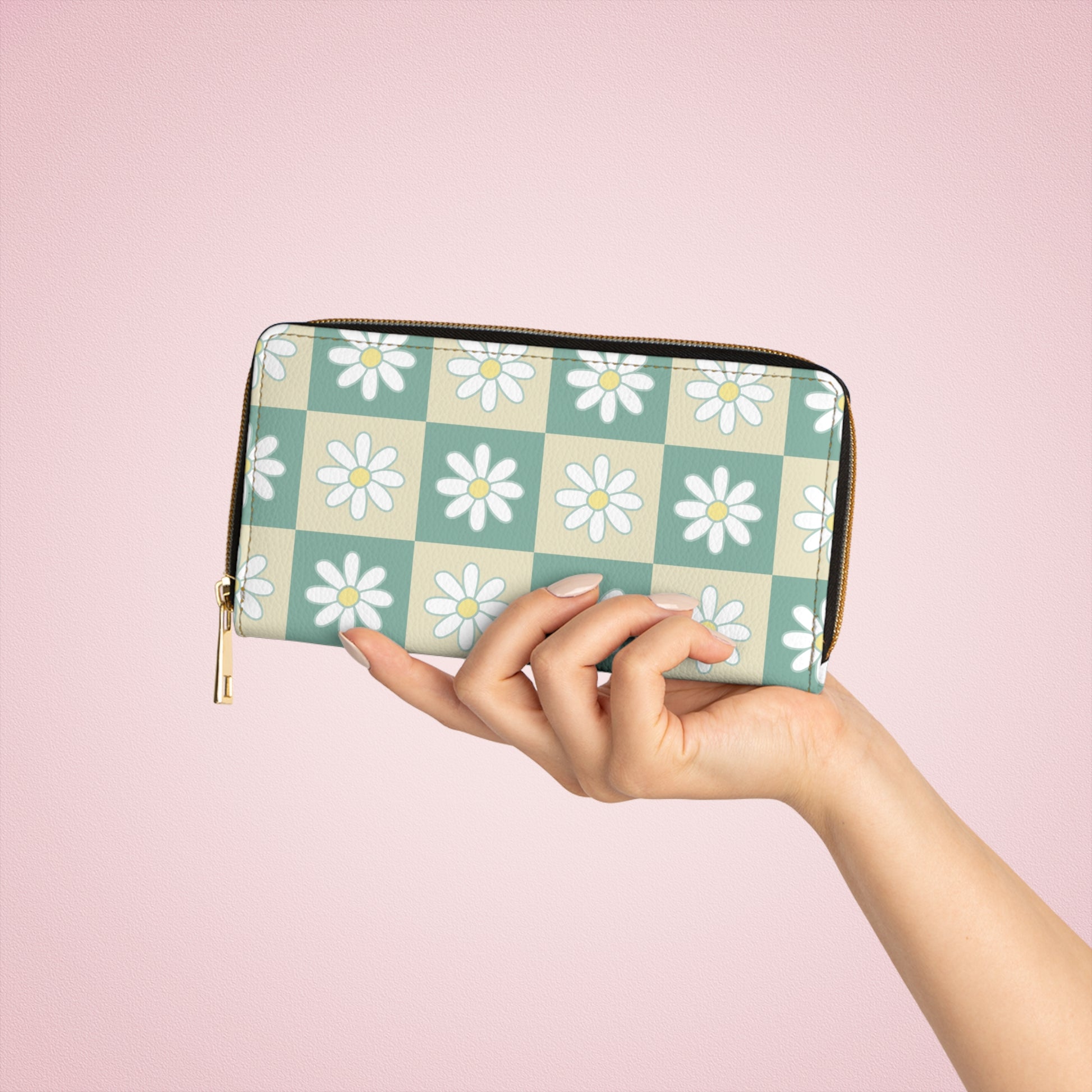 Retro Daisy Checkerboard Green and Tan Zipper Wallet, Artsulli - Art is Long, Life is Short, Accessories, , , , , , , 