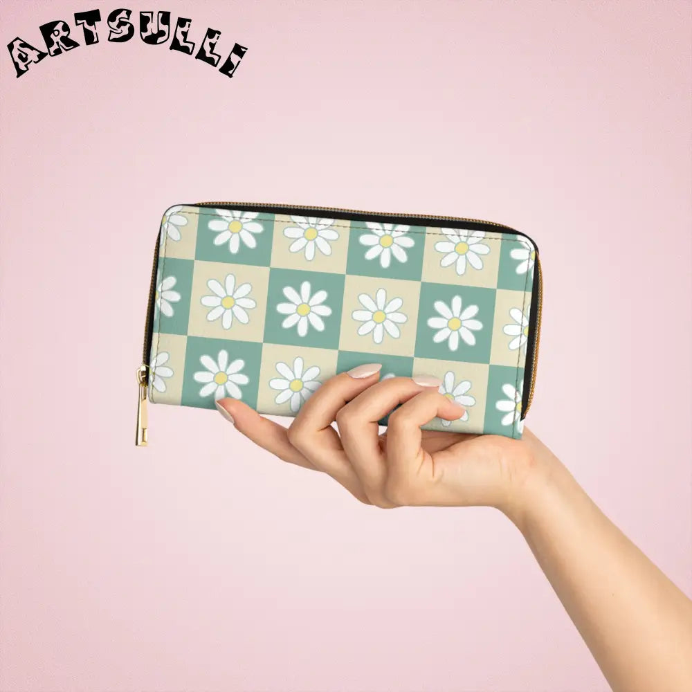 JAKKOUTTHEBXX Retro Daisy Checkerboard Green and Tan Zipper Wallet