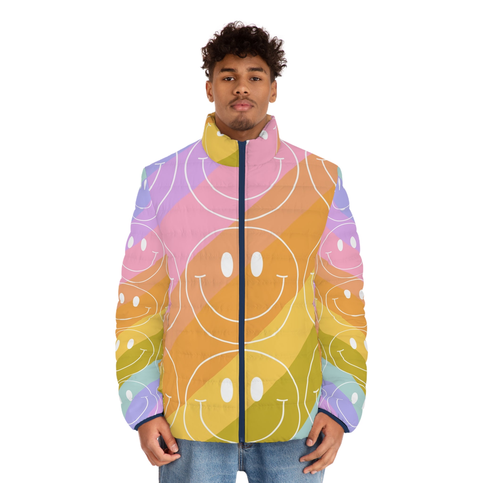 Smiley Face x Rainbow Stripes Multi-Color Men's Puffer Jacket (AOP), Artsulli - Art is Long, Life is Short, All Over Prints, , , , , , , 