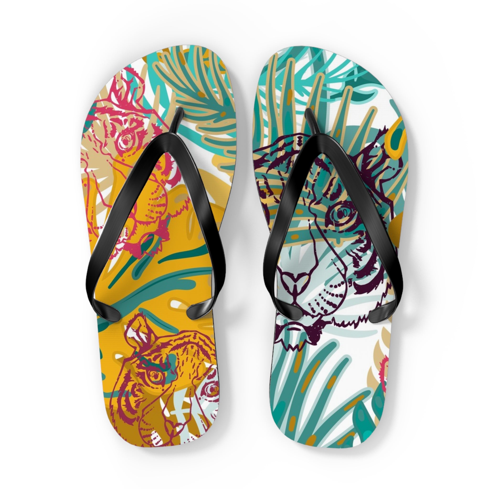 Tropical Jungle Tigers Brown and Green Flip Flops, Artsulli - Art is Long, Life is Short, Shoes, Size, XL, Color, Black sole, , , 14415641898665