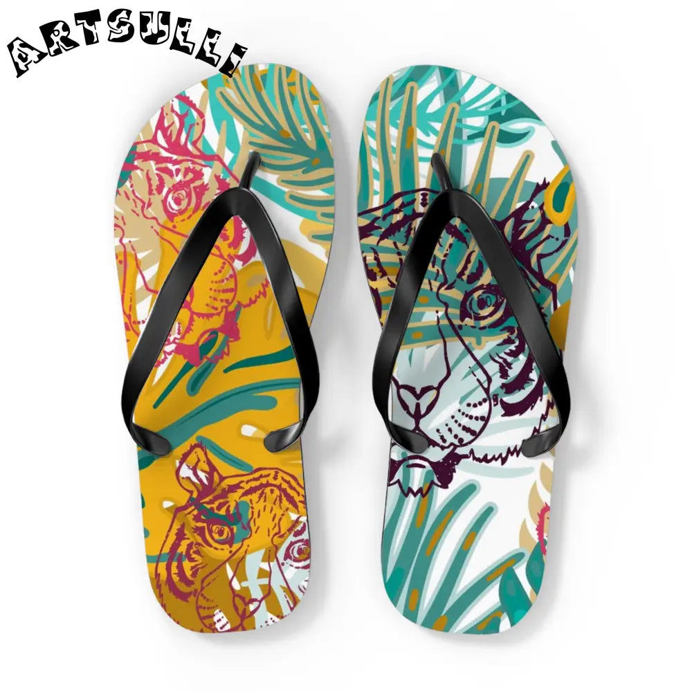 JAKKOUTTHEBXX Tropical Jungle Tigers Brown and Green Flip Flops