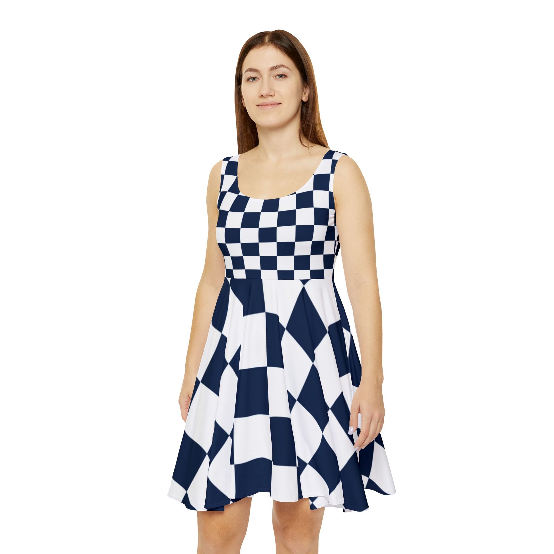 Checkerboard White and Navy Blue Women's Skater Dress (AOP), Artsulli - Art is Long, Life is Short, All Over Prints, , , , , , , 