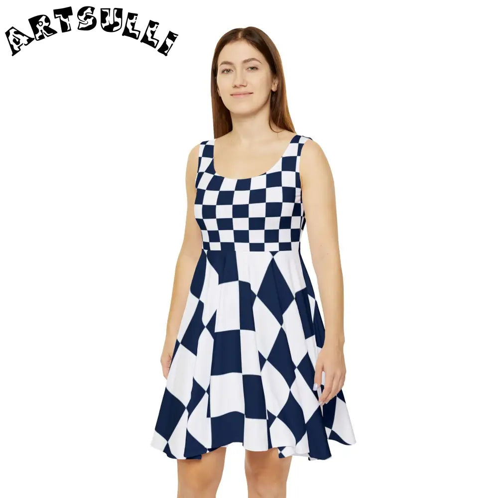 JAKKOUTTHEBXX Checkerboard White and Navy Blue Women’s Skater Dress