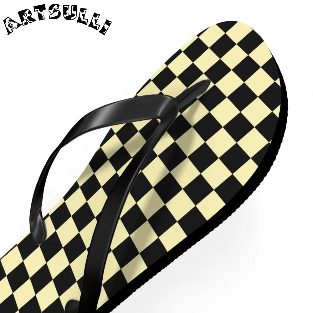 JAKKOUTTHEBXX Checkerboard Black and Yellow Flip Flops JAKKOUTTHEBXX