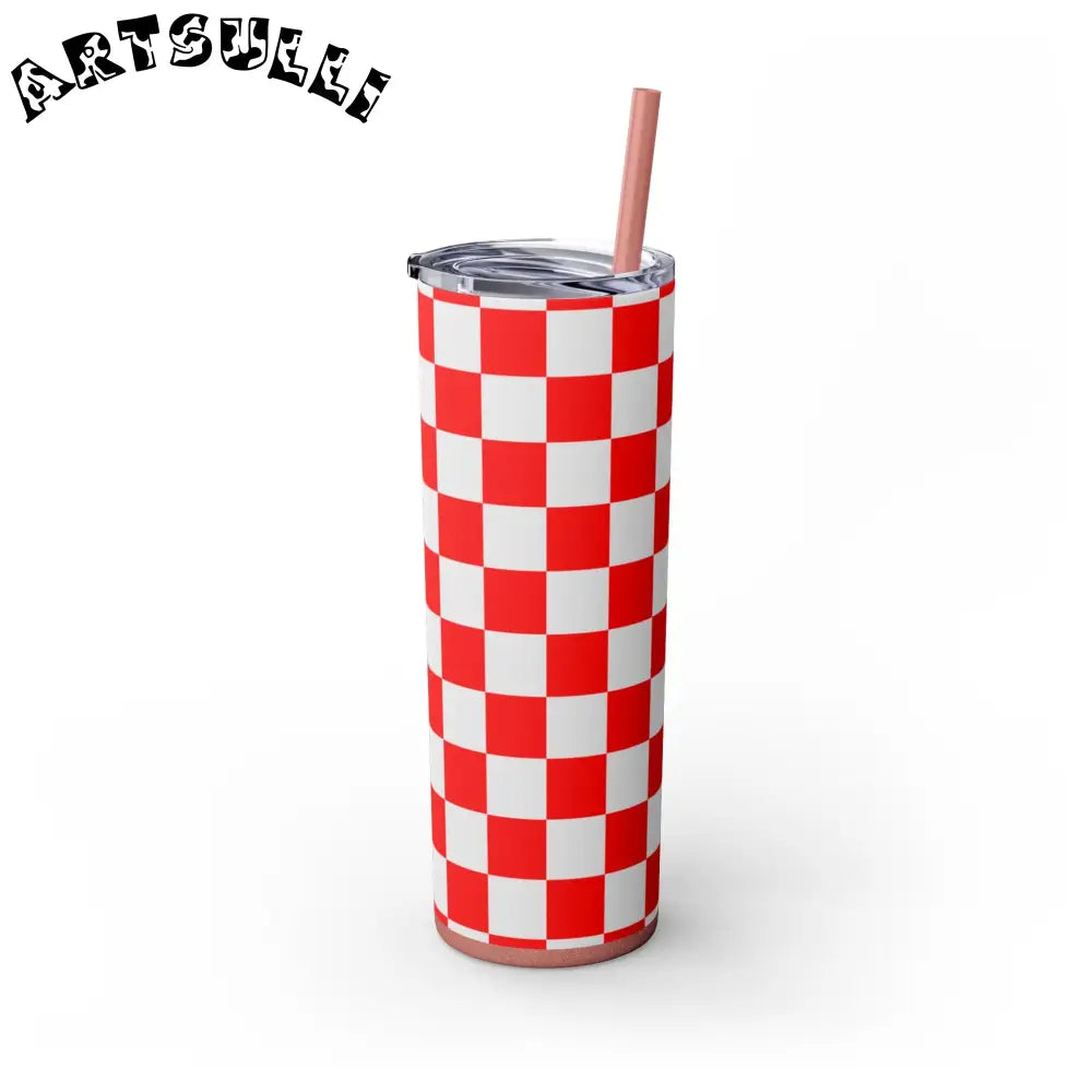 JAKKOUTTHEBXX Checkerboard Red and White Skinny Tumbler with Straw