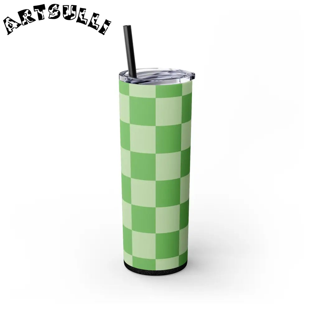 JAKKOUTTHEBXX Checkerboard Green Skinny Tumbler with Straw 20oz