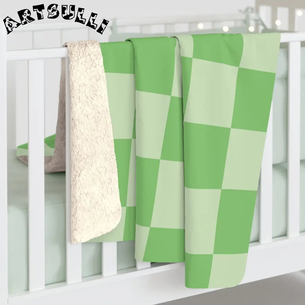 JAKKOUTTHEBXX Checkerboard Green Sherpa Fleece Blanket JAKKOUTTHEBXX