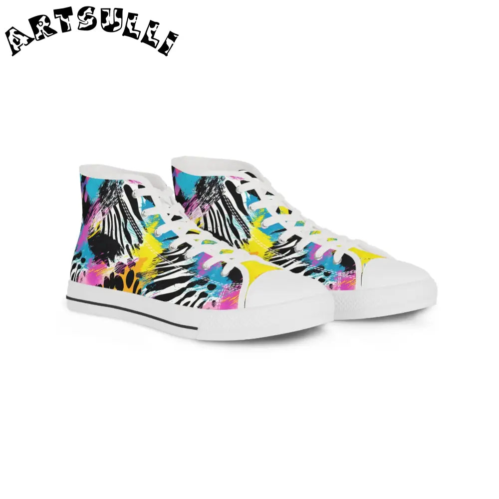 Zebra Stripes x Leopard Print x Paint Splatter Multi-Color Men's High Top Sneakers, Artsulli - Art is Long, Life is Short, Shoes, Size, US 5, Color, White sole, , , 17836768379755