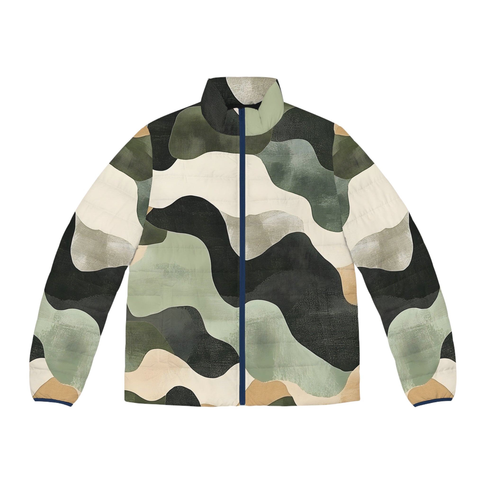 Focusing on Camouflage and Mystery Men's Puffer Jacket (AOP), Artsulli - Art is Long, Life is Short, All Over Prints, Size, S, Color, Dark blue zipper, , , 15200999422745848423