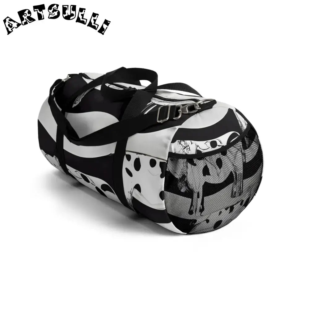 JAKKOUTTHEBXX Black and White Patterned Duffel Bags with Shoulder
