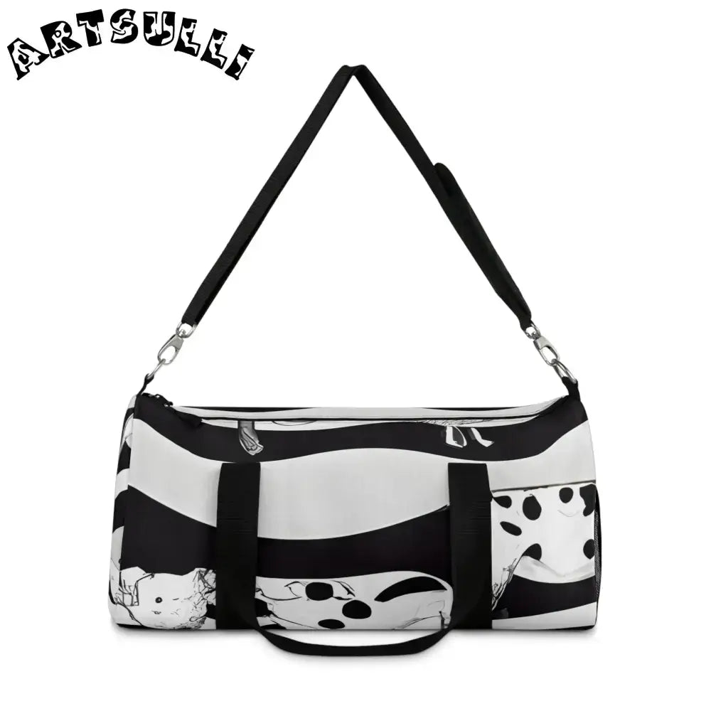 JAKKOUTTHEBXX Black and White Patterned Duffel Bags with Shoulder