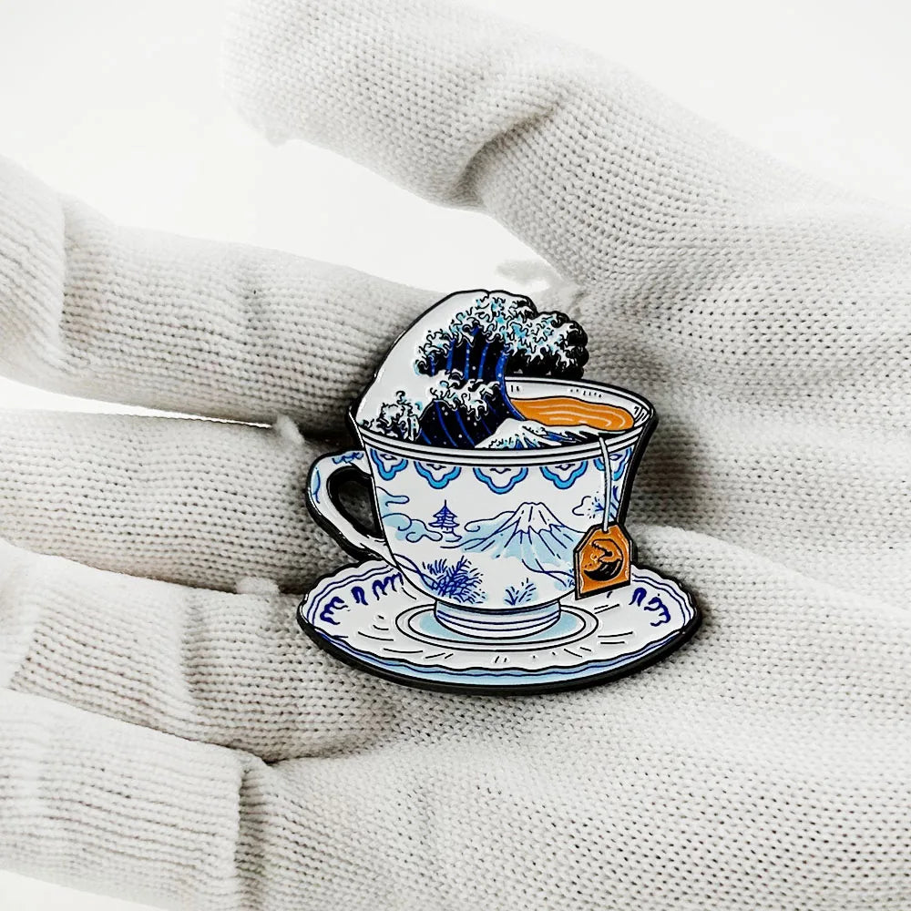 Great Wave Off Kanagawa Mount Fuji Tea Enamel Pin Storm In A Teacup Badge Art Jewelry Fans Lover Gift Collect