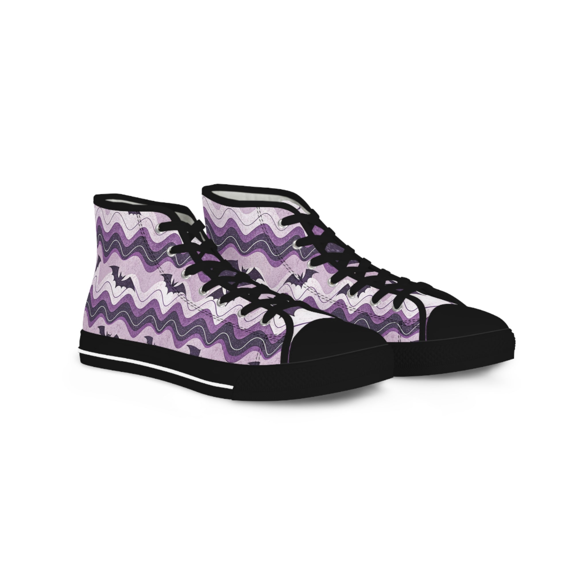 Bat Wave Purple Men's High Top Sneakers, Artsulli - Art is Long, Life is Short, Shoes, Size, US 5, Color, Black sole, , , 40981017238873