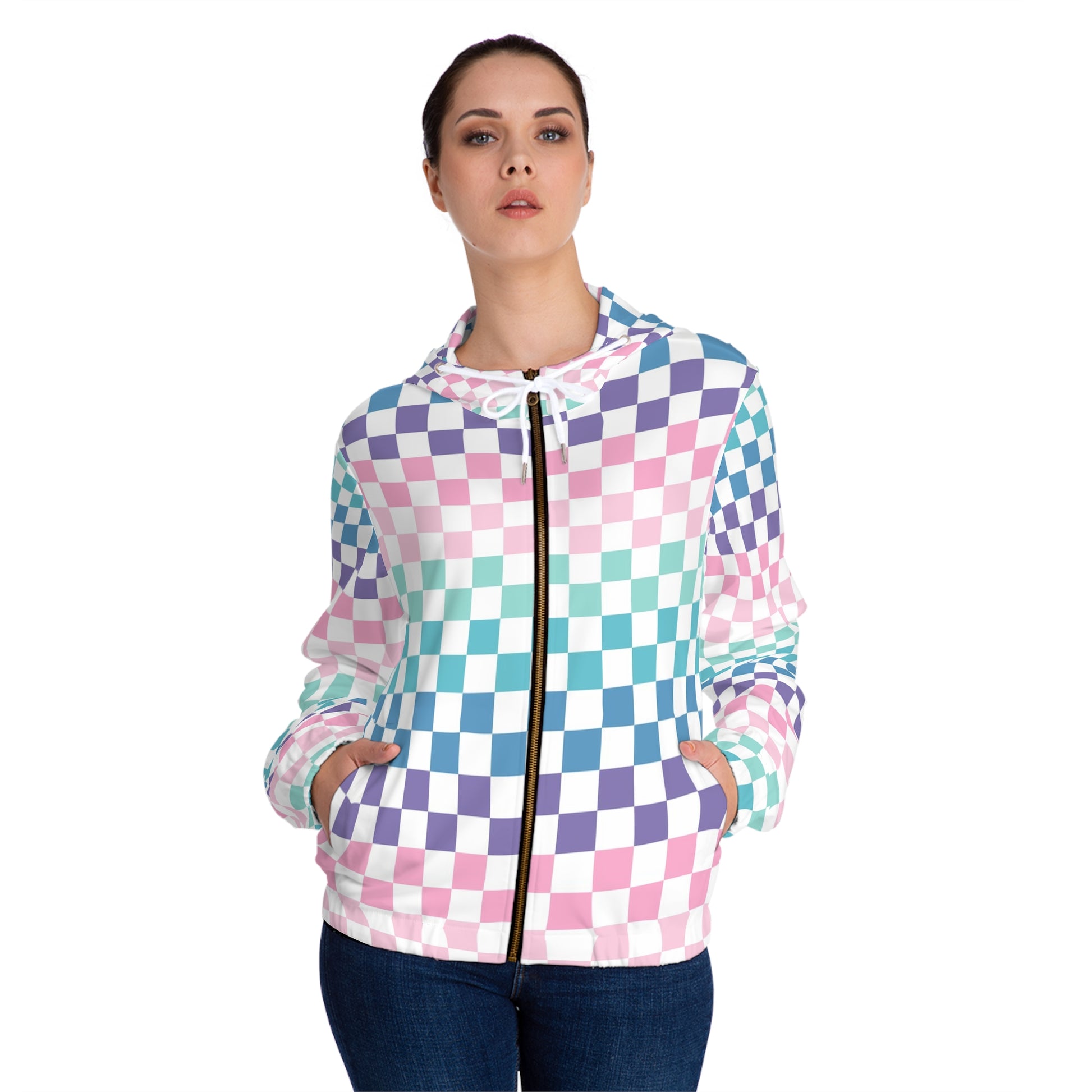 Vaporwave Rainbow  Checkerboard Multi-Color Women’s Full-Zip Hoodie (AOP), Artsulli - Art is Long, Life is Short, All Over Prints, , , , , , , 