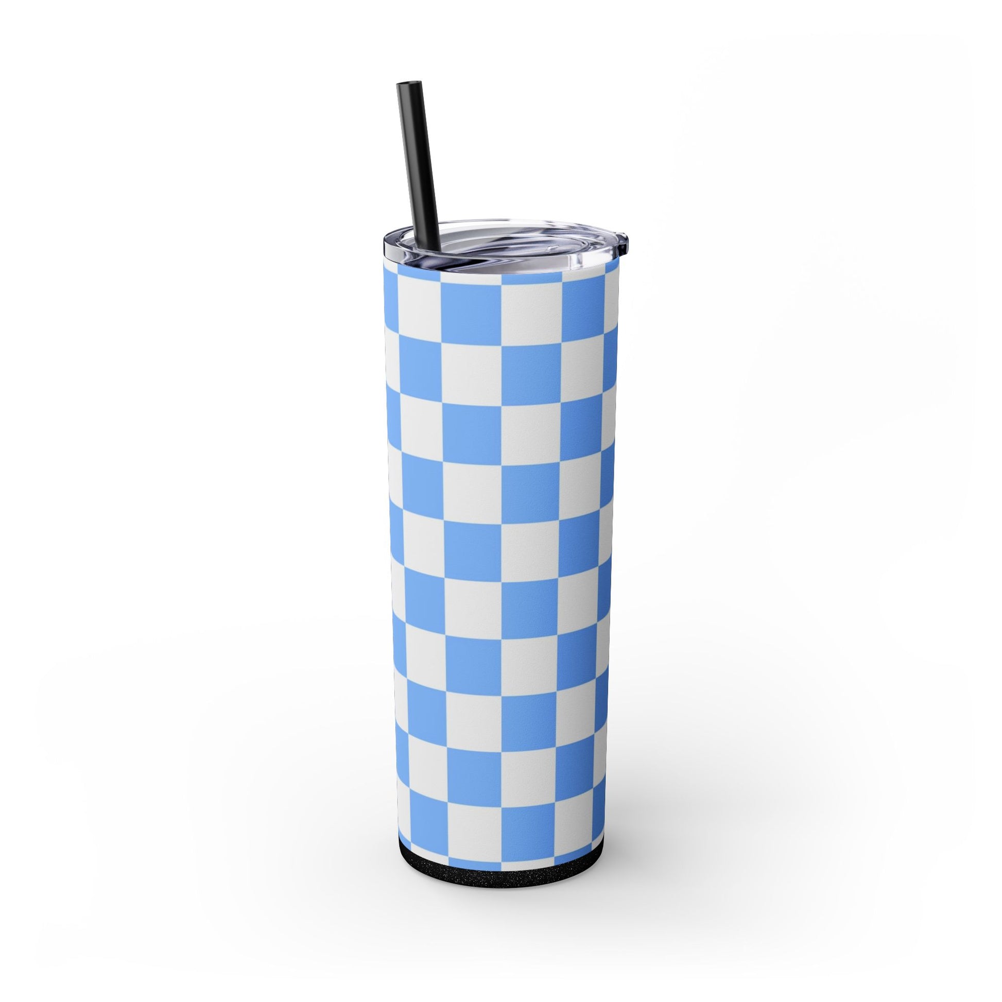 Checkerboard White and Light Blue Skinny Tumbler with Straw, 20oz, Artsulli - Art is Long, Life is Short, Mug, , , , , , , 