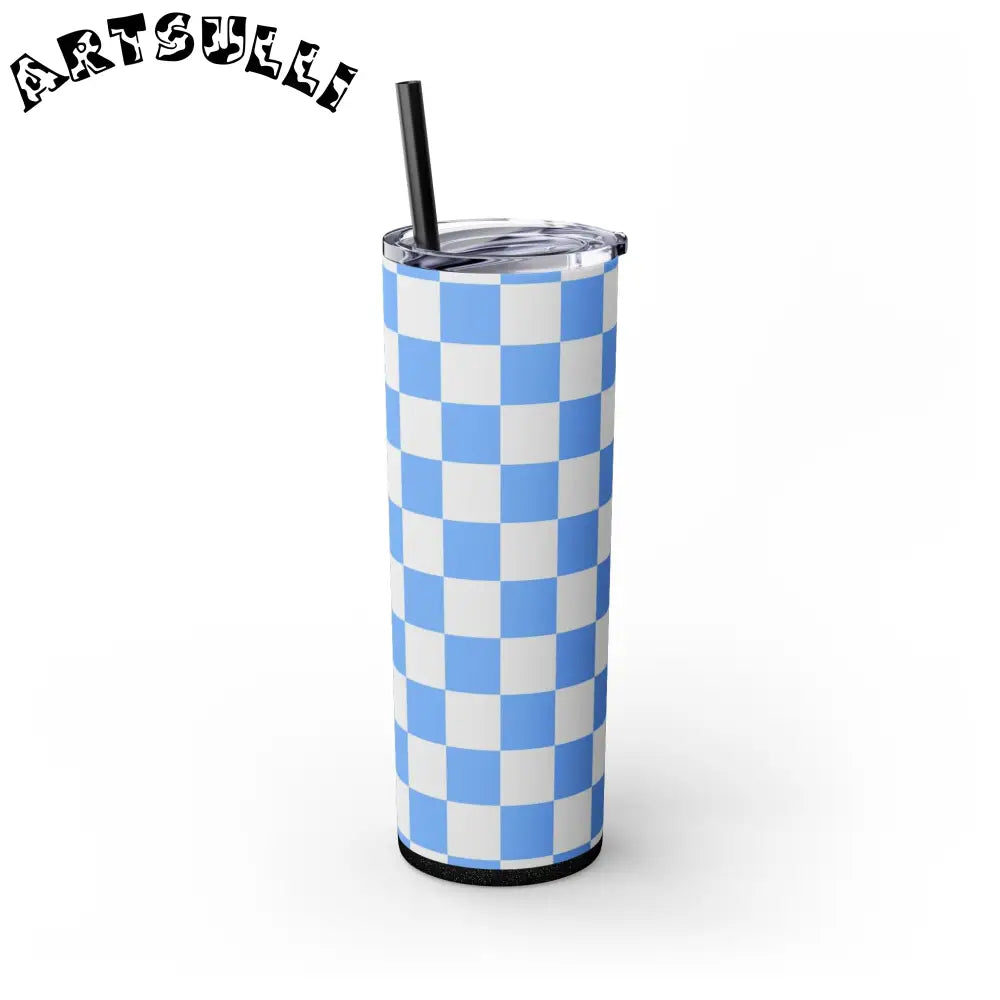 JAKKOUTTHEBXX Checkerboard White and Light Blue Skinny Tumbler