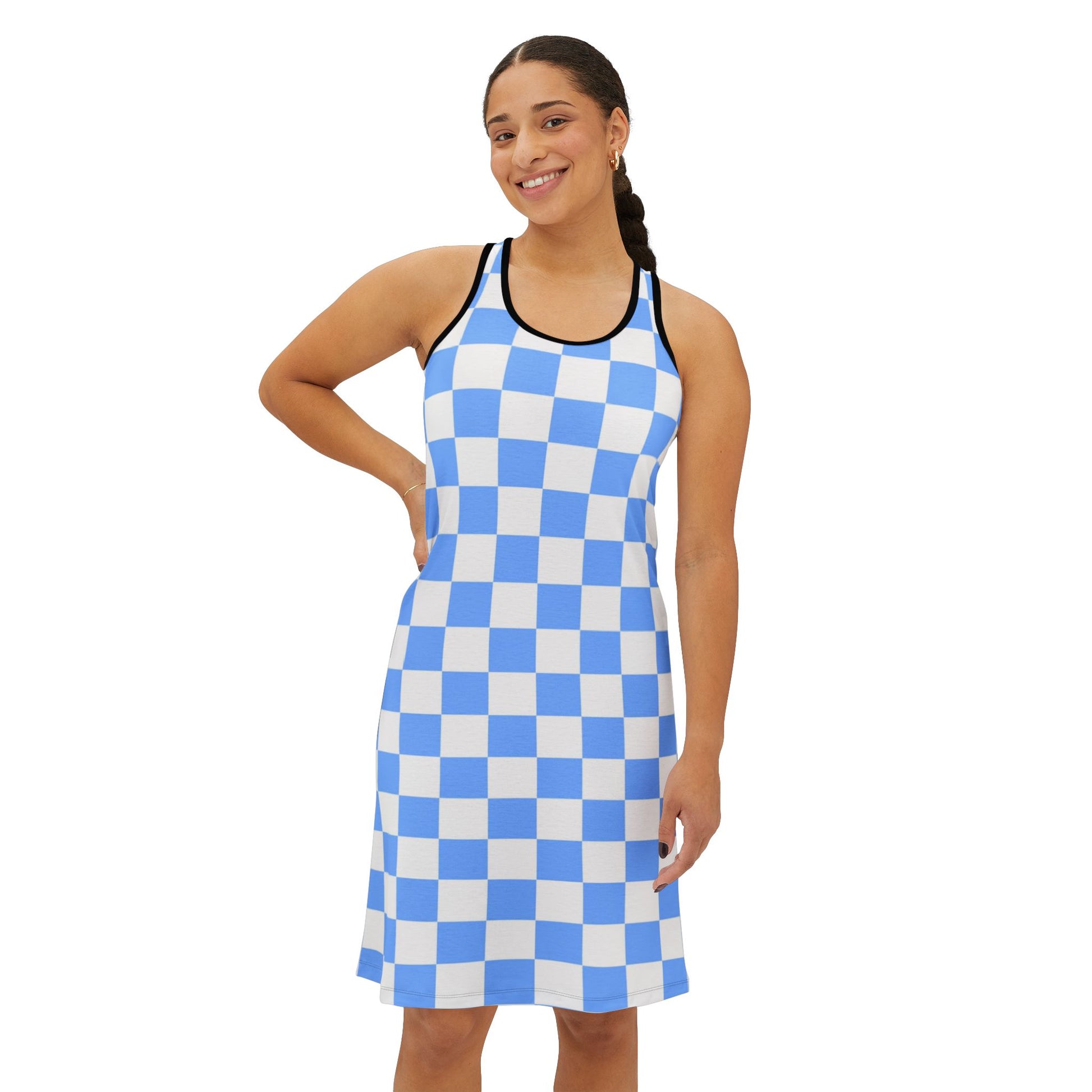 Checkerboard White and Light Blue Women's Racerback Dress (AOP), Artsulli - Art is Long, Life is Short, Tank Top, , , , , , , 