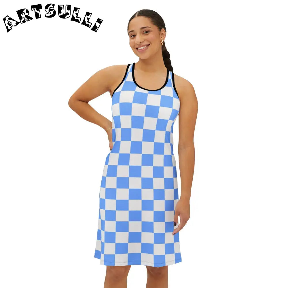 JAKKOUTTHEBXX Checkerboard White and Light Blue Women’s Racerback