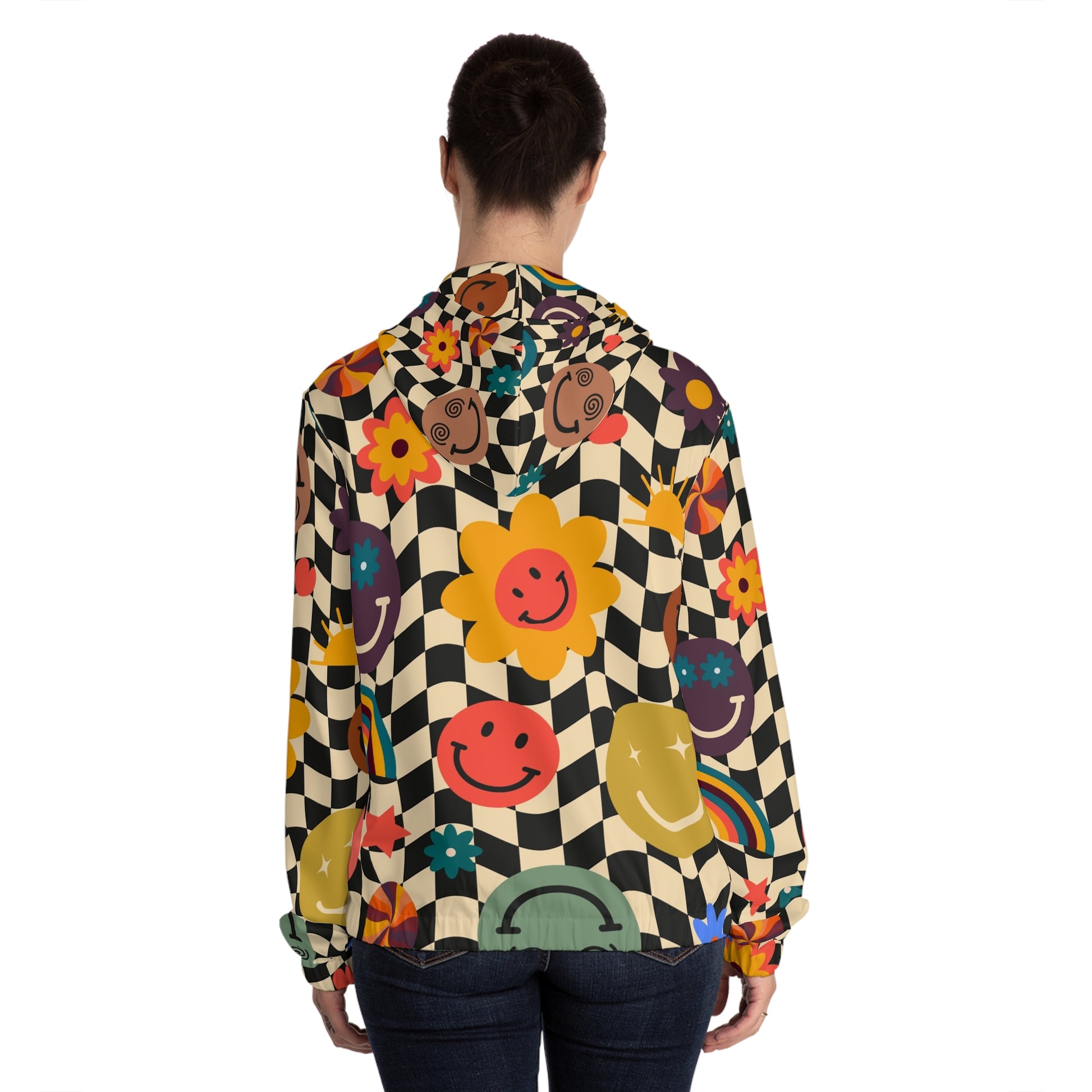 Trippy x Wavy Checkerboard x Smiley Face x Rainbow x Flowers Multi-Color Women’s Full-Zip Hoodie (AOP), Artsulli - Art is Long, Life is Short, All Over Prints, , , , , , , 