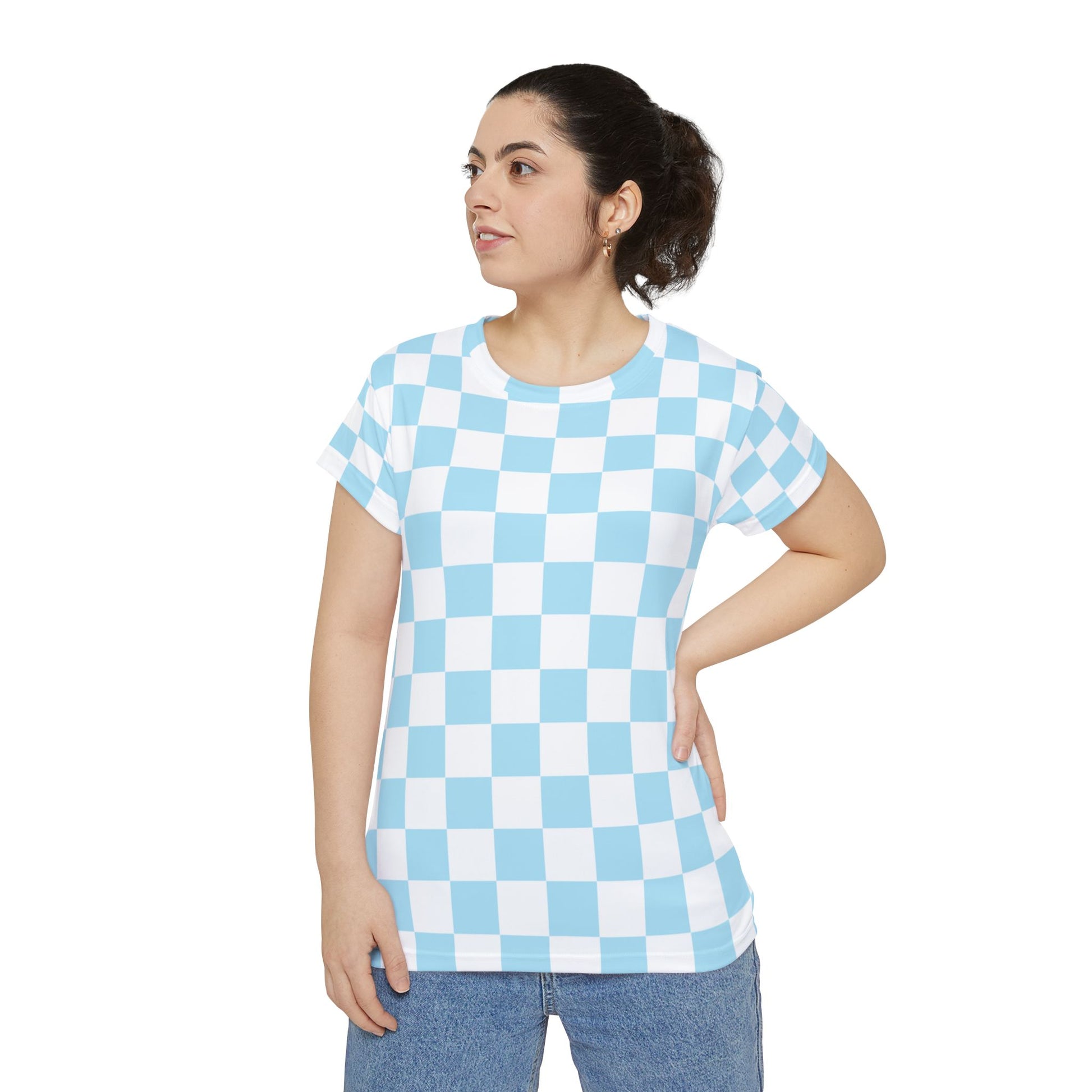 Checkerboard Sky Blue Women's Short Sleeve Shirt (AOP), Artsulli - Art is Long, Life is Short, All Over Prints, , , , , , , 