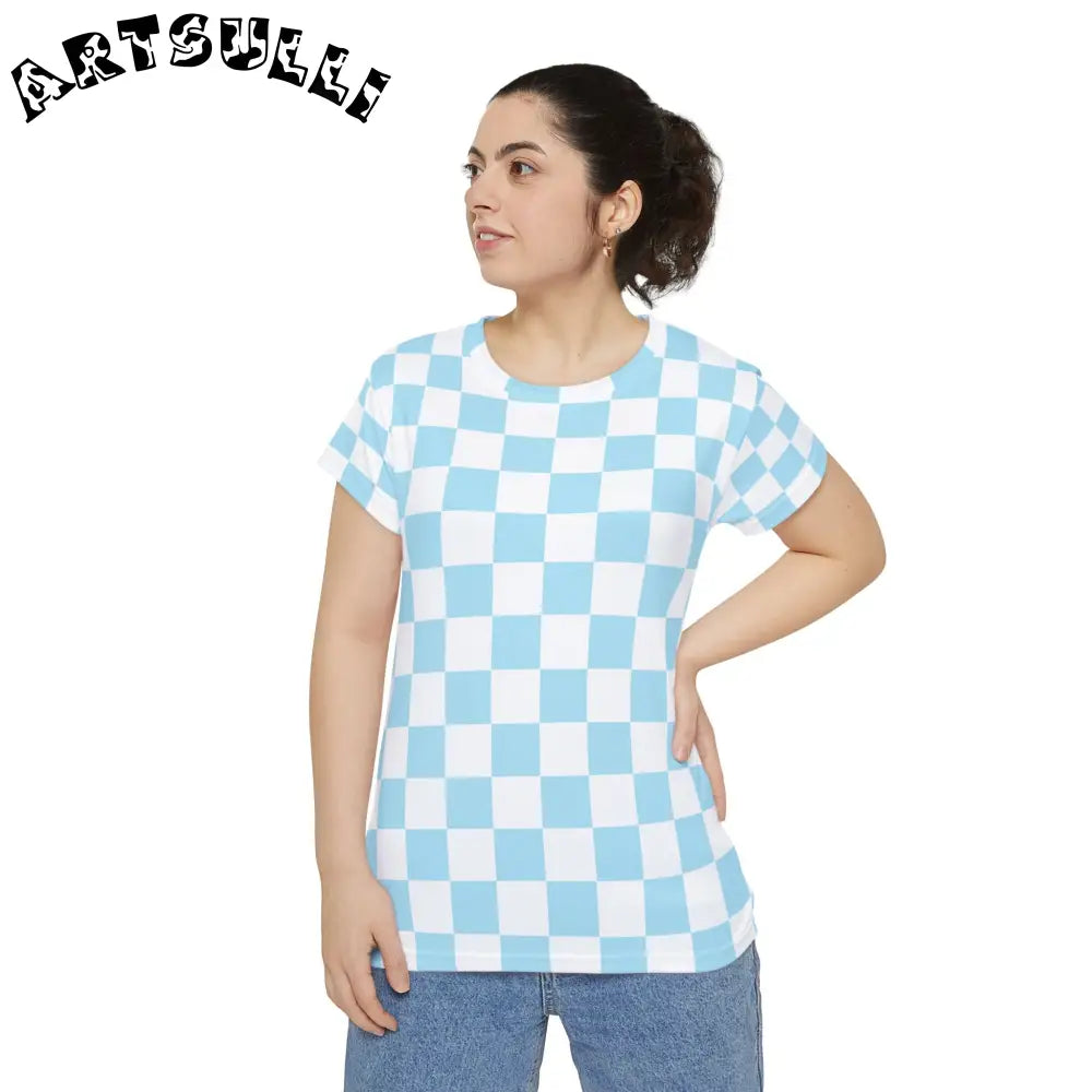 JAKKOUTTHEBXX Checkerboard Sky Blue Women’s Short Sleeve Shirt (AOP)