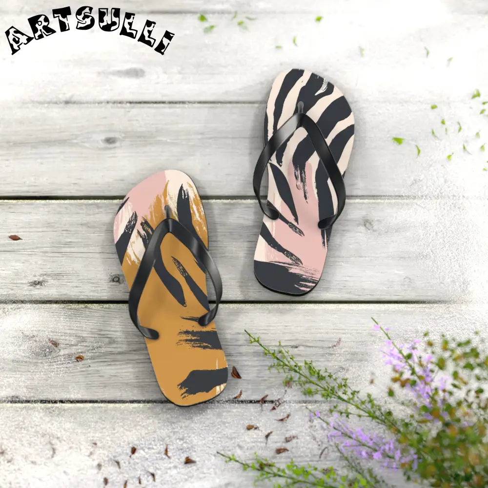 JAKKOUTTHEBXX Abstract zebra print flip flops in two color palettes