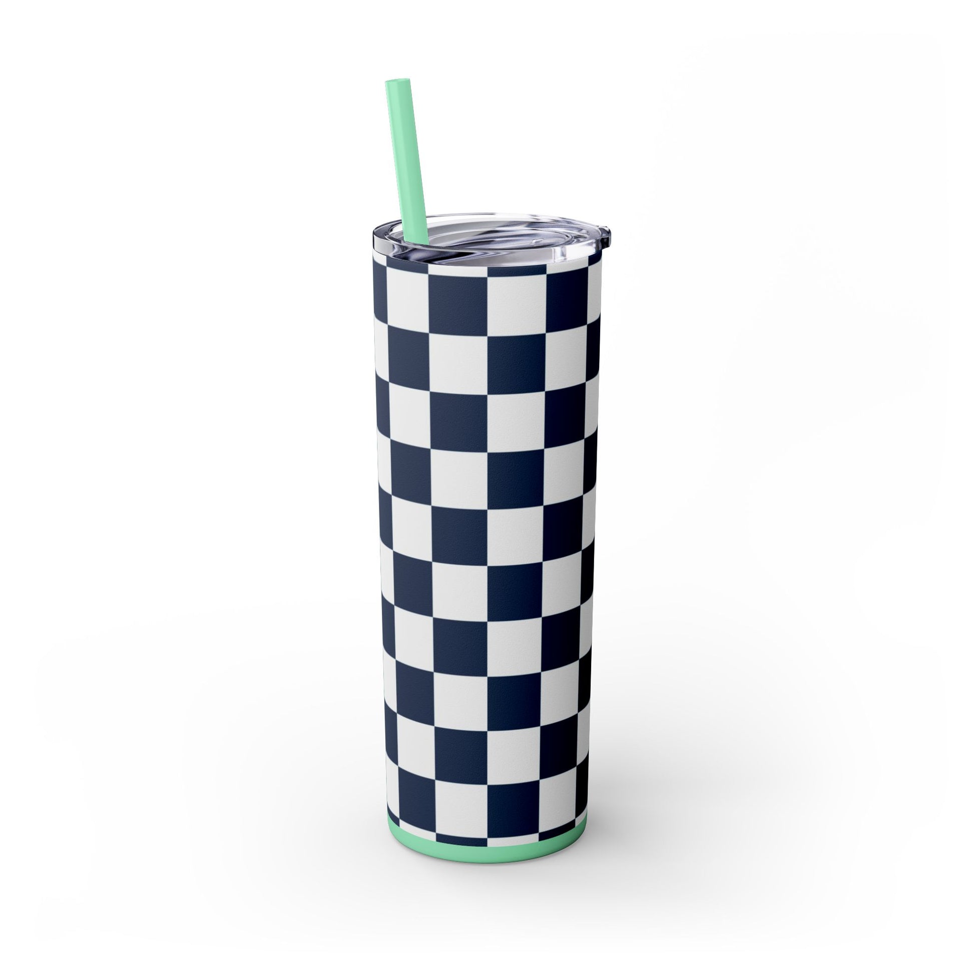 Checkerboard White and Navy Blue Skinny Tumbler with Straw, 20oz, Artsulli - Art is Long, Life is Short, Mug, , , , , , , 